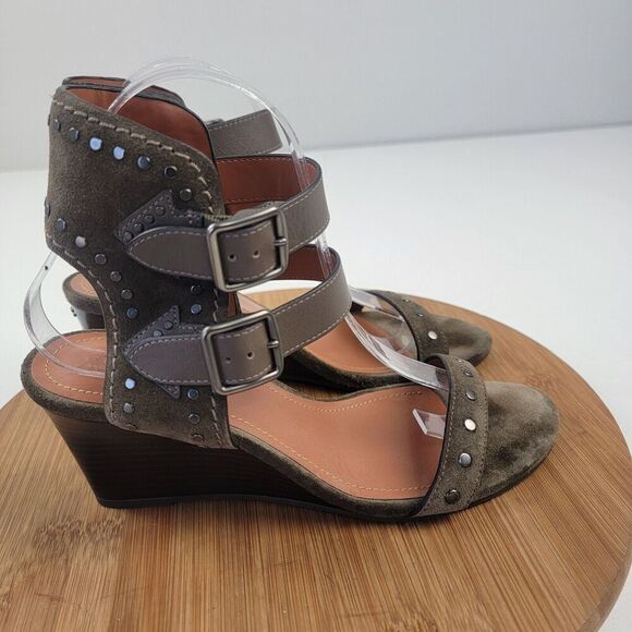 Coach Odessa Leather Suede Wedge 8.5 B Olive Green Buckle 2 Strap Heels - Picture 4 of 16